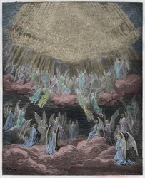 Paradiso, Gesang 27: Das himmlische Heer singt Gloria In Excelsis Deo, Illustration aus Die Göttliche Komödie von Dante Alighieri, 1885 (digital kolorierte Gravur)
